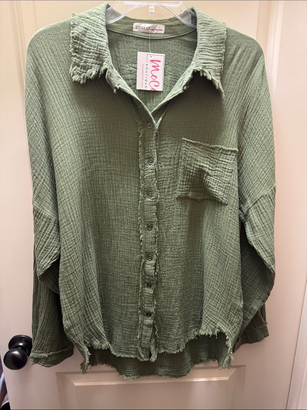 Zenana Outfitters Olive Green Crinkled Button-Down Shirt